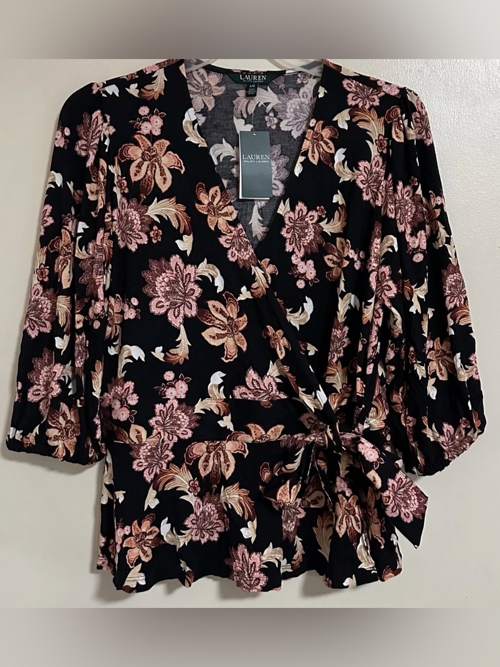 Lauren Ralph Lauren Wrap Top Black Multi Floral 3/4 Sleeve Women’s Size Large